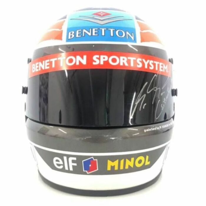 Helmet with autographs of riders Michael Schumacher and Willy Weber, white marble